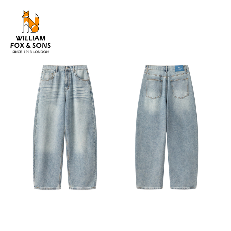 William Fox Men's New Model Scimitar Jeans Men's Washed Loose Wide-Leg Straight Pants Casual Long Pants