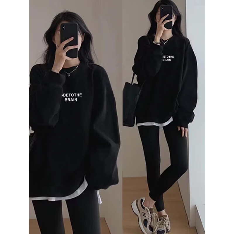 フェイクツーピースラウンドネックスウェットシャツレディース2024秋冬新作韓国版ゆったりミドル丈カバーヒッププラスベルベット厚手トップス