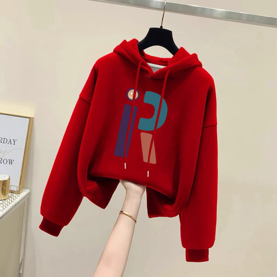 设计感小众秋冬新款2024加绒加厚套头连帽卫衣女短款宽松韩版外套