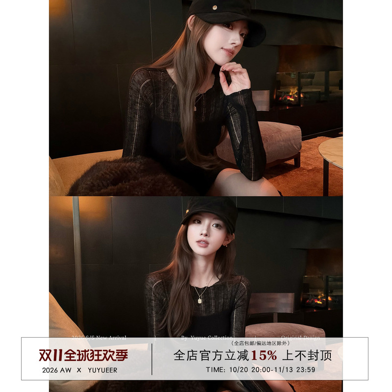 Yuyueer Pleasure and Delight Slightly Sheer Hollow Slim Fit Knitted Base Shirt for Women Autumn and Winter Korean Style Casual Simple Top Yuyueer Pleasure and Delight Slightly Sheer Hollow Slim Fit Knitted Base Shirt for Women Autumn and Winter Korean Style Casual Simple Top