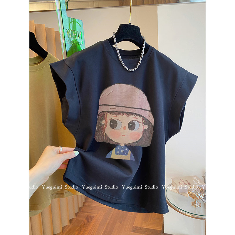 Hong Kong Style Pure Cotton Sleeveless T-Shirt for Women, Summer Design, Niche Loose Casual Flutter Sleeve Tank Top, Trendy