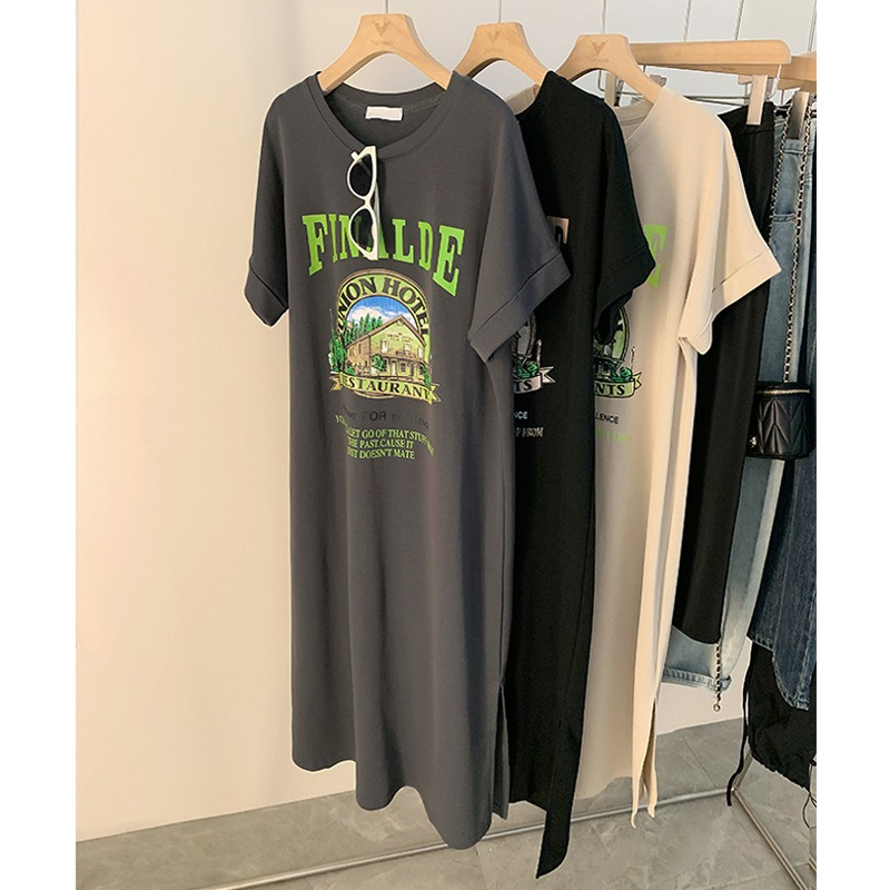 American-Style Letter Print Short-Sleeved Dress for Women, New Summer Style, Round Neck, Loose, Slimming, Versatile, Casual Slit T-Shirt Dress American-Style Letter Print Short-Sleeved Dress for Women, New Summer Style, Round Neck, Loose, Slimming, Versatile, Casual Slit T-Shirt Dress