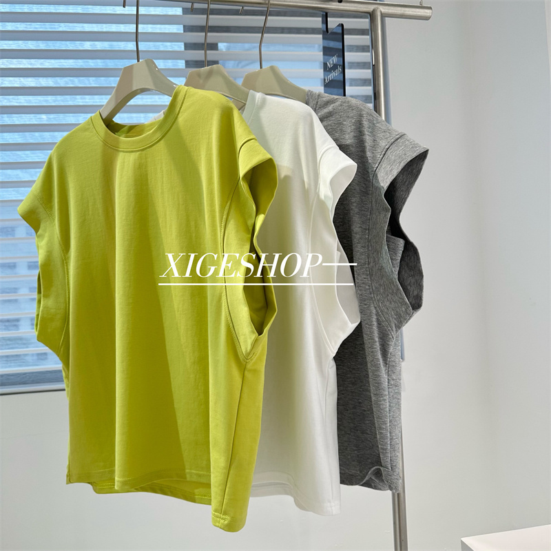 White-Green Flutter-Sleeve Oversized Loose T-Shirt for Women, Conceals Body Fat, Slimming, Versatile Round-Neck Vest Top for Summer
