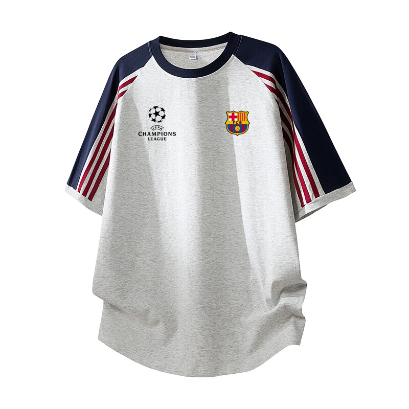 Barcelona Champions League Short-Sleeved T-Shirt for Men and Women, Summer American-Style Casual Loose Pure Cotton Half-Sleeved Three-Stripe Trendy Couple T-Shirt