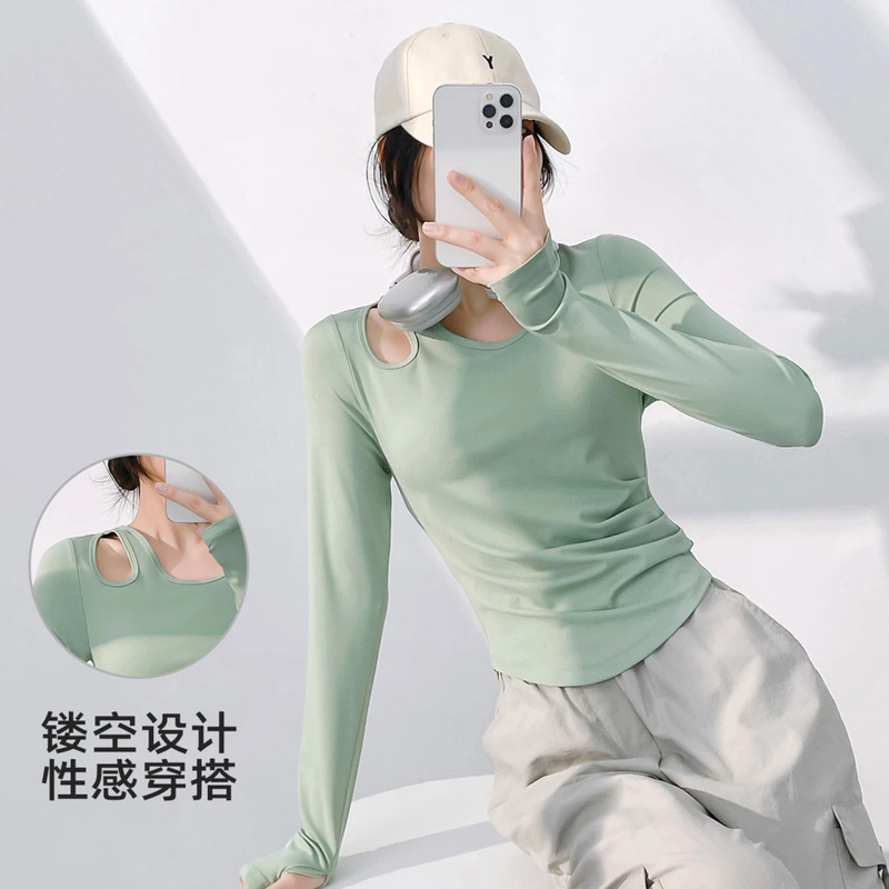Spring and Autumn New Style Slanted Shoulder Hollow-Out Pleated Slim-Fit Pilates Sports Fitness Yoga Wear Long Sleeves