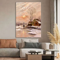Morandi warm color pure hand-painted entrance sunrise snow scene decorative painting living room hanging painting texture oil painting mural high-end