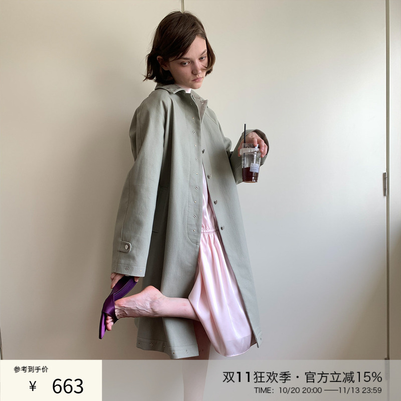 Spoii Green Rhinestone Cotton-Like Mid-Length Drop-Shoulder Trench Coat Spoii Green Rhinestone Cotton-Like Mid-Length Drop-Shoulder Trench Coat