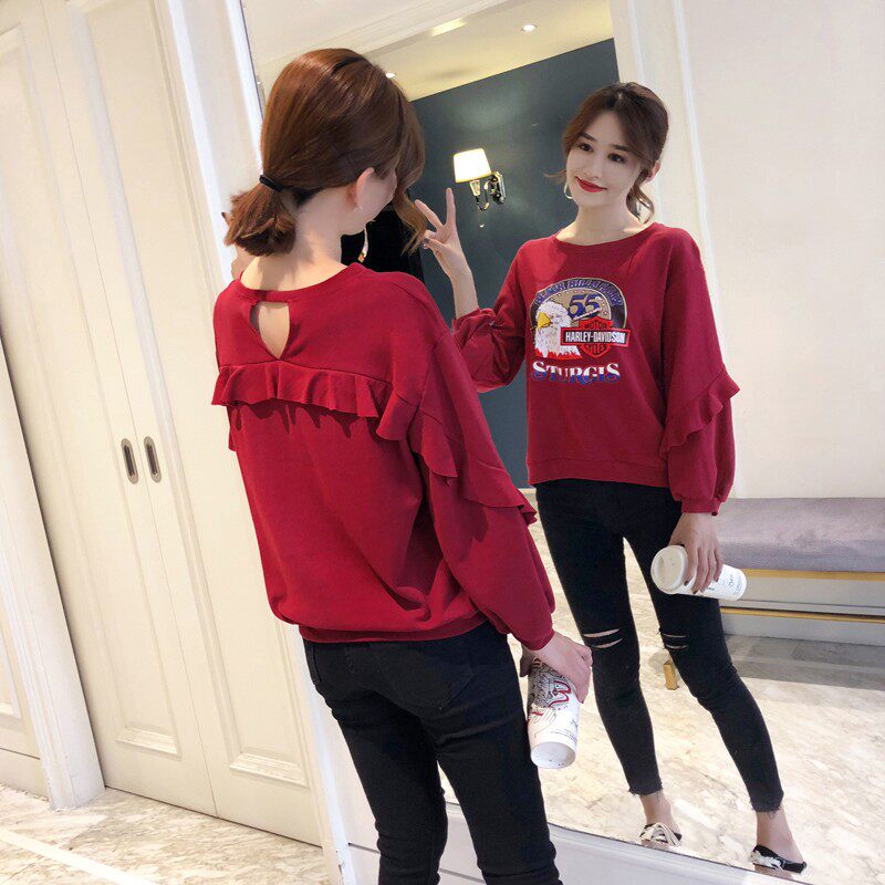 Brand Fold Discount Store Women's Clothing Cut Mark Round Necklace Lotus Leaf Side Splicing Bubble Cuff Printed Thick Cotton T Girl Spring and Autumn Thin