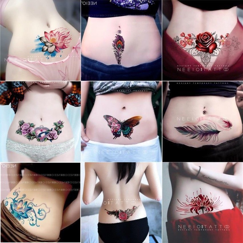 Abdominal Tattoo Stickers Waterproof Wings Lace Rose Flowers Cover Belly Lower Abdomen Scar Stretch Marks Set of 9 Sheets