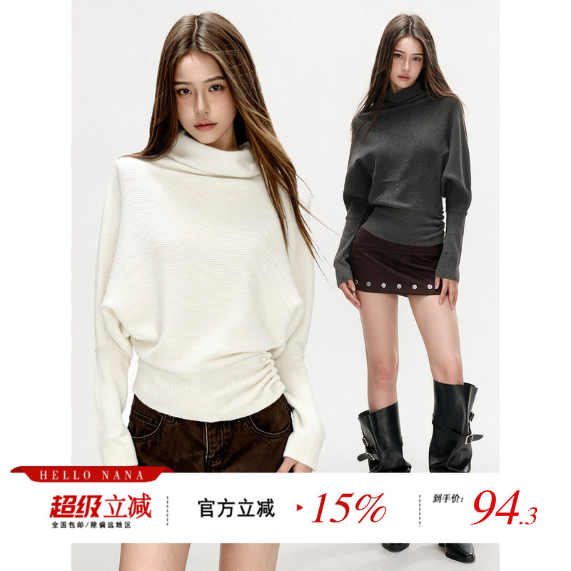 Hellonana Half Turtleneck Batwing Cape Long-Sleeve Knit Sweater for Women, Autumn and Winter Design Sweater with Waist-Cinching Top