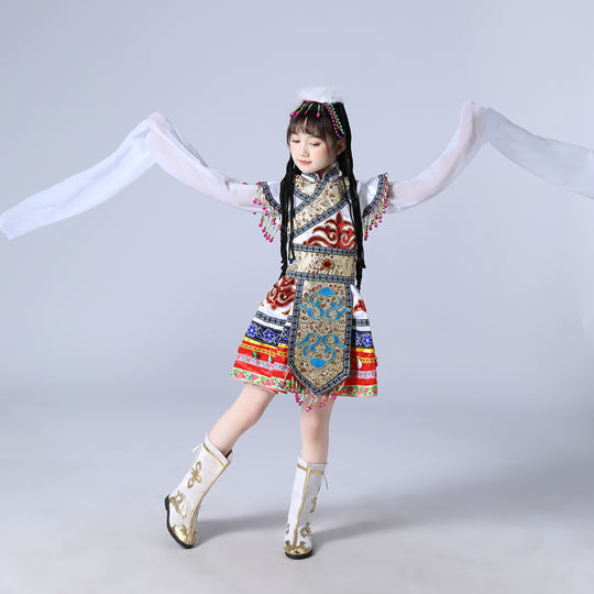 少数民族鄂伦春族服装女童舞蹈藏族传统服装鄂温克族儿童演出服饰