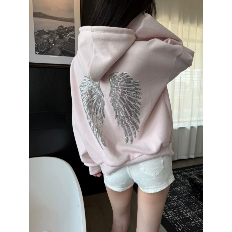 American Sweet Style Pink Wing Sequin Hooded Sweatshirt for Women, Autumn and Winter Lazy Style Design Pullover Jacket Trendy American Sweet Style Pink Wing Sequin Hooded Sweatshirt for Women, Autumn and Winter Lazy Style Design Pullover Jacket Trendy