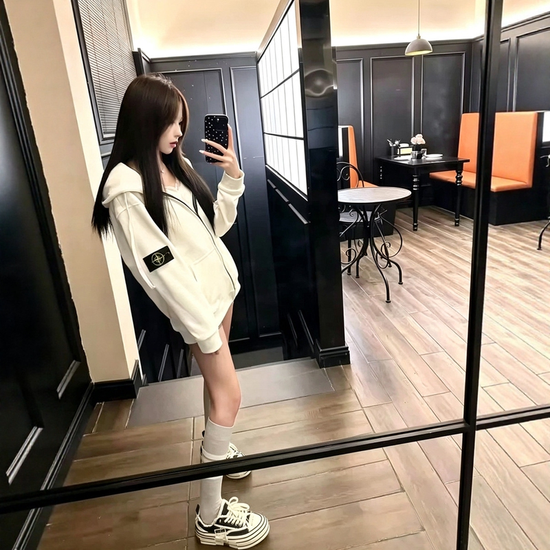 American-Style Lazy Style Hooded Cardigan Zipper Sweatshirt for Women, Autumn Loose Oversize White Couple's Hoodie Jacket