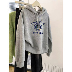 2025 New Popular Autumn and Winter American-Style Gray Hooded Sweatshirt for Women, Fleece-Lined and Thickened, Spring and Autumn Style, Petite Jacket