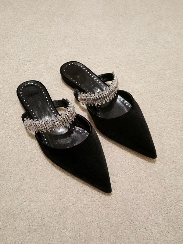 【Cherry Seed】Velvet Rhinestone Buckle Black Suede Women's Flat Sole Unique Strap Closed-Toe Mule Shoes