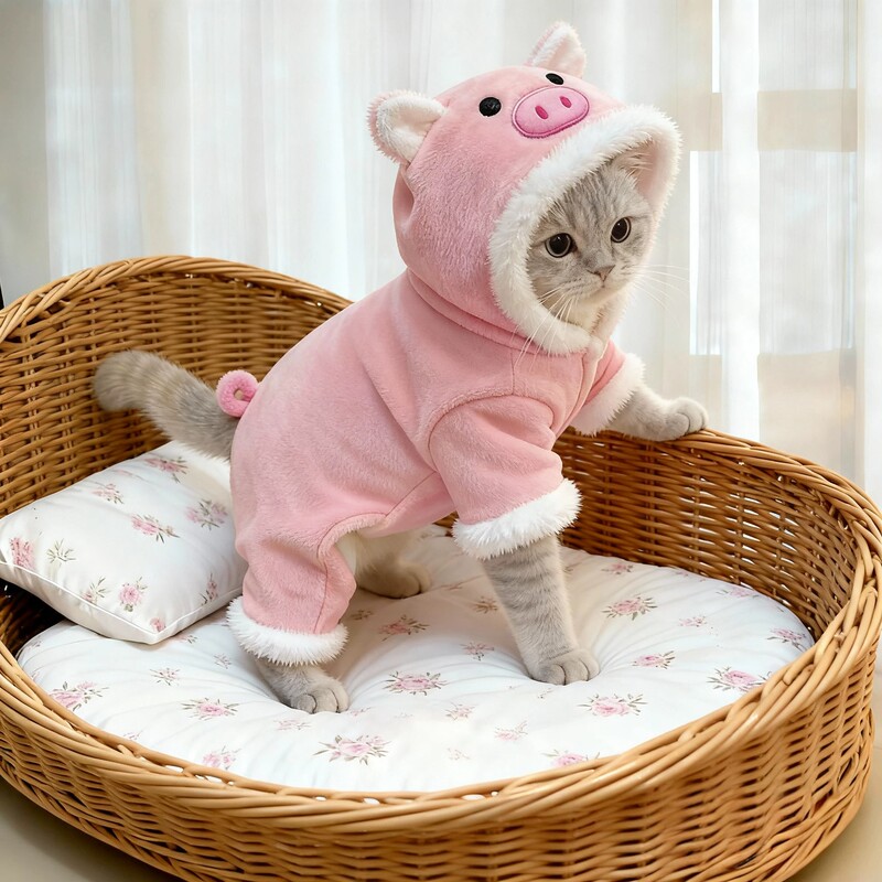 Japanese Munlq Pet Clothing Pink Pig-Shaped Hoodie for Small Dogs, Autumn and Winter Warm and Super Cute Jumpsuit