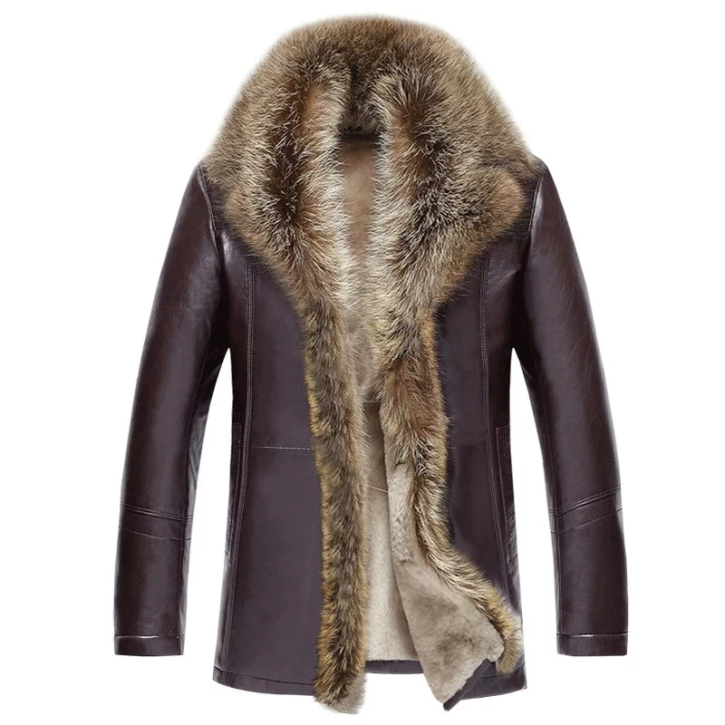 [New Winter Mens Clothing Raccoon Sheep Genuine Leather Long]