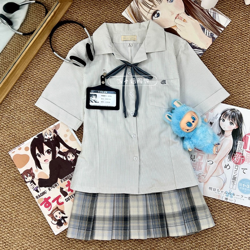 Miss Rice's Original Jk Uniform Small Striped Summer Japanese School Style Open-Front Embroidered Slim-Fit Short-Sleeve Shirt