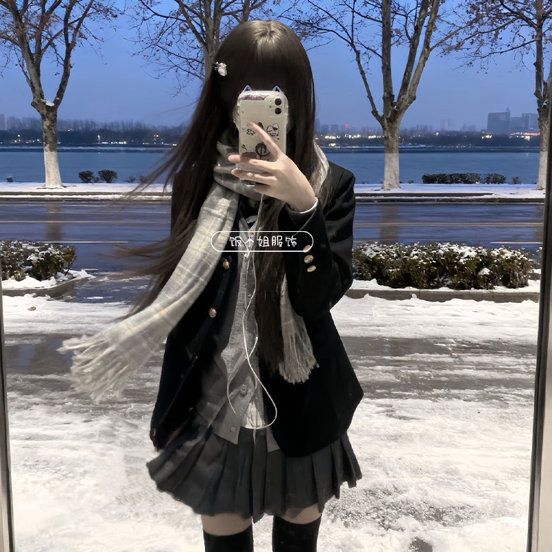 Original Jk Uniform Japanese Style Winter Jk Black Three-Button Blazer Layered Cardigan Sweater Gray Skirt Set