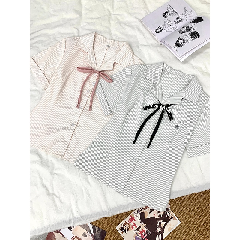Miss Rice [Little Stripes] Original Jk Uniform Striped Open-Front Short-Sleeve Shirt Women's Waist-Cinching Slim-Fit Shirt Blouse