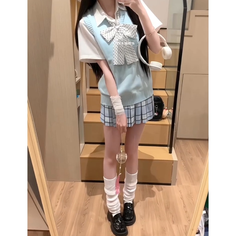 Summer Original Authentic Jk Uniform Sky Blue Vest Sweet Girl School Style Vest Soft Girl Style Layered Plaid Skirt Set