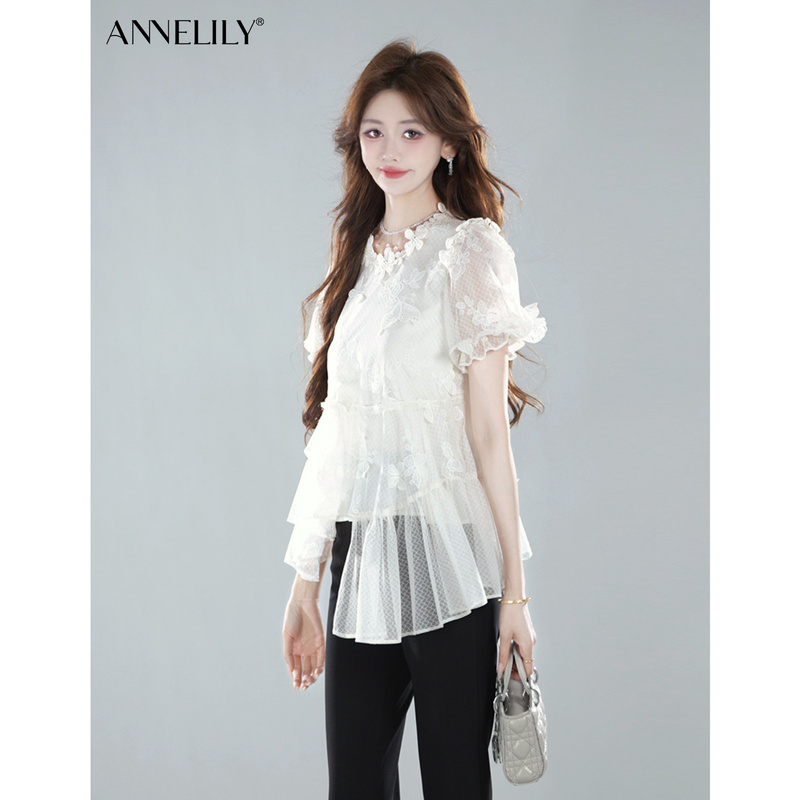Annelily【Man Yin】Angeliki Spring/Summer Fashion Casual Heavy Craft Design Lace T-Shirt Annelily【Man Yin】Angeliki Spring/Summer Fashion Casual Heavy Craft Design Lace T-Shirt