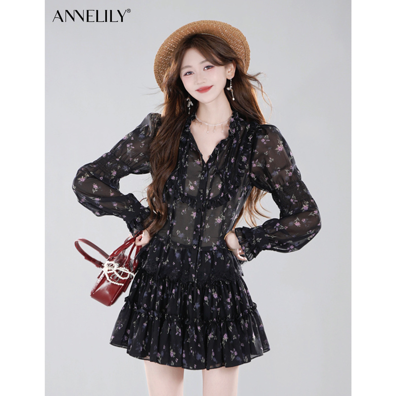 Annelily【Wan Tang】Angeliki Spring/Summer Light Luxury Design Versatile Elegant Floral Shirt Annelily【Wan Tang】Angeliki Spring/Summer Light Luxury Design Versatile Elegant Floral Shirt