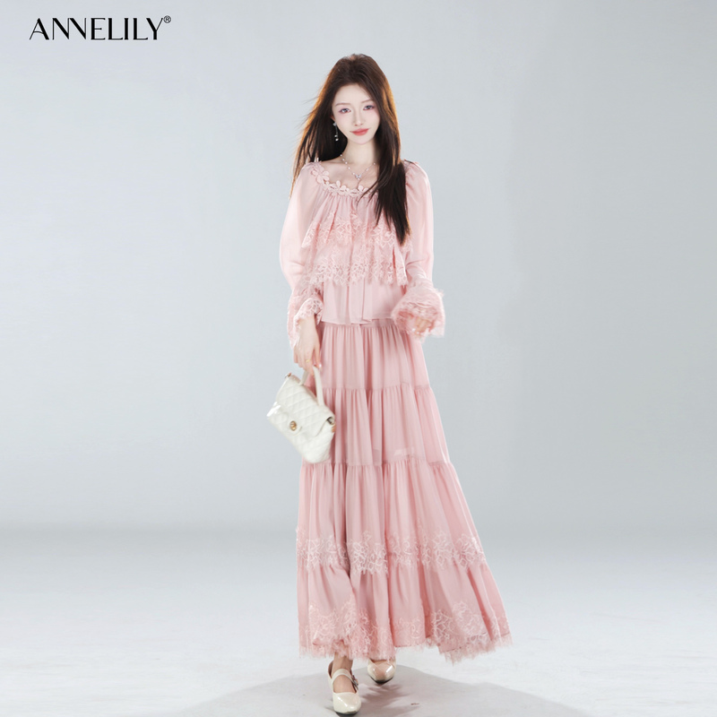 Annelily Angel Qi【Sakura Falling】Spring and Autumn New Casual Gentle Style Sweet Light Luxury Fashion Set
