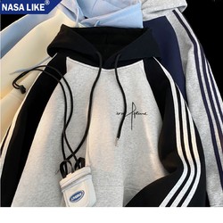 NASA Joint Hooded Three Bars Heavy weight Sweatshirt Trendy American Hoodie Stylish Patchwork Contrast Color Outwear Men
