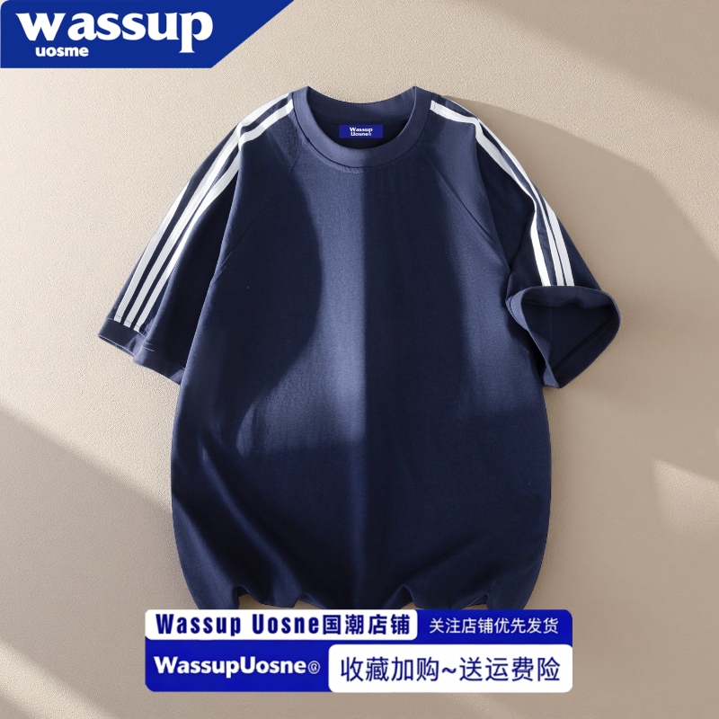 Wassup2026 Summer American Sports Style Striped Short-Sleeved T-Shirt for Men and Women, Loose Heavyweight Pure Cotton Trendy