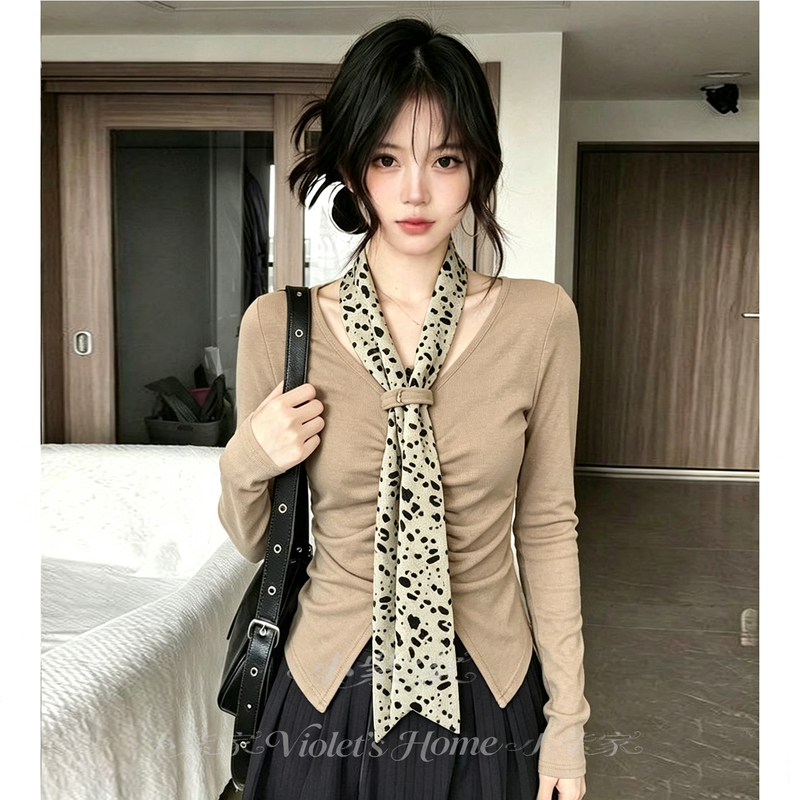 Korean Style Spicy Girl Leopard Print Long-Sleeve T-Shirt with Ribbon, 2026 New Spring and Autumn Versatile Base Shirt for Women