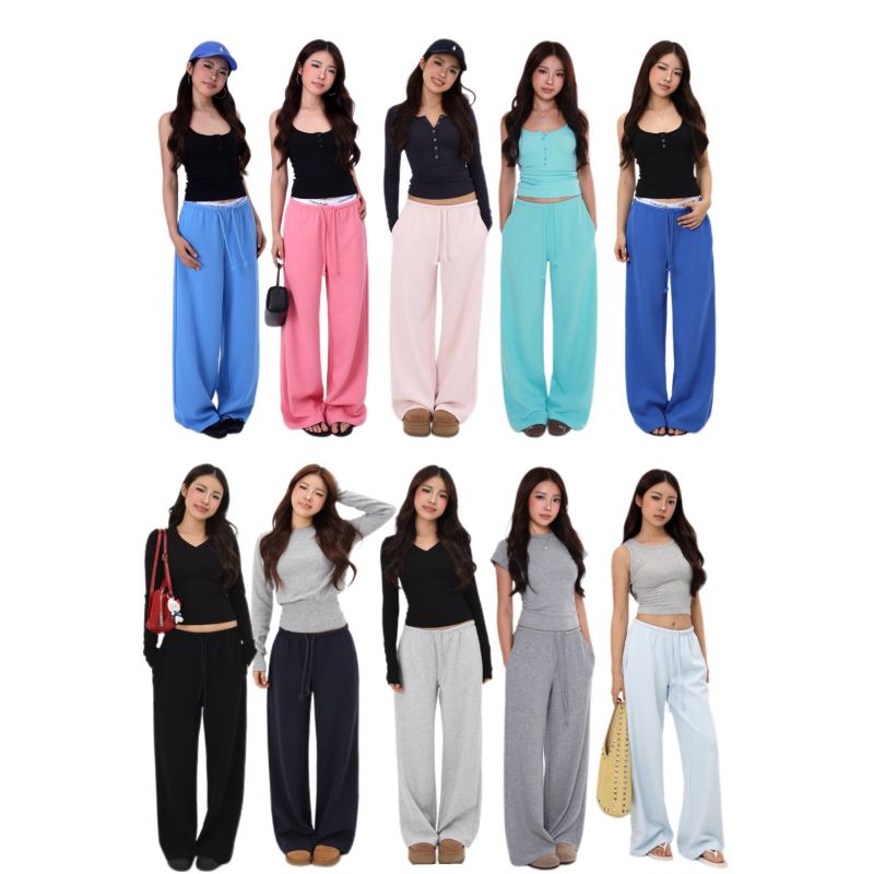 Mimiette Petite Mid-Low Waist Wide-Leg Straight Embroidered Sweatpants 6685 Relaxed Fit, Slimming Casual Pants