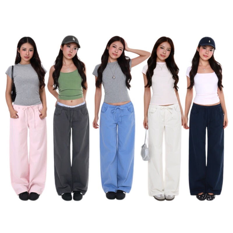 Mimiette Petite Low-Waisted Straight Wide-Leg Pants L108 Elastic Waist Summer American-Style Washed Workwear Casual Pants