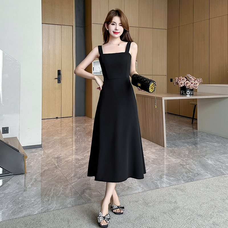 Suit-Style Chiffon Slip Dress 2026 Spring/Summer New Hepburn-Style Black A-Line Skirt Mid-Length Base Dress for Summer