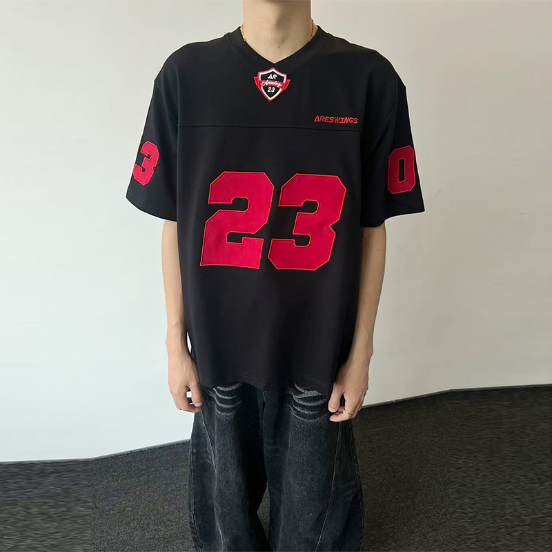 Dongsankou 320g Heavyweight American Retro Embroidered Badge 23 Jersey Sports Style T-Shirt for Men and Women, Loose Short-Sleeved