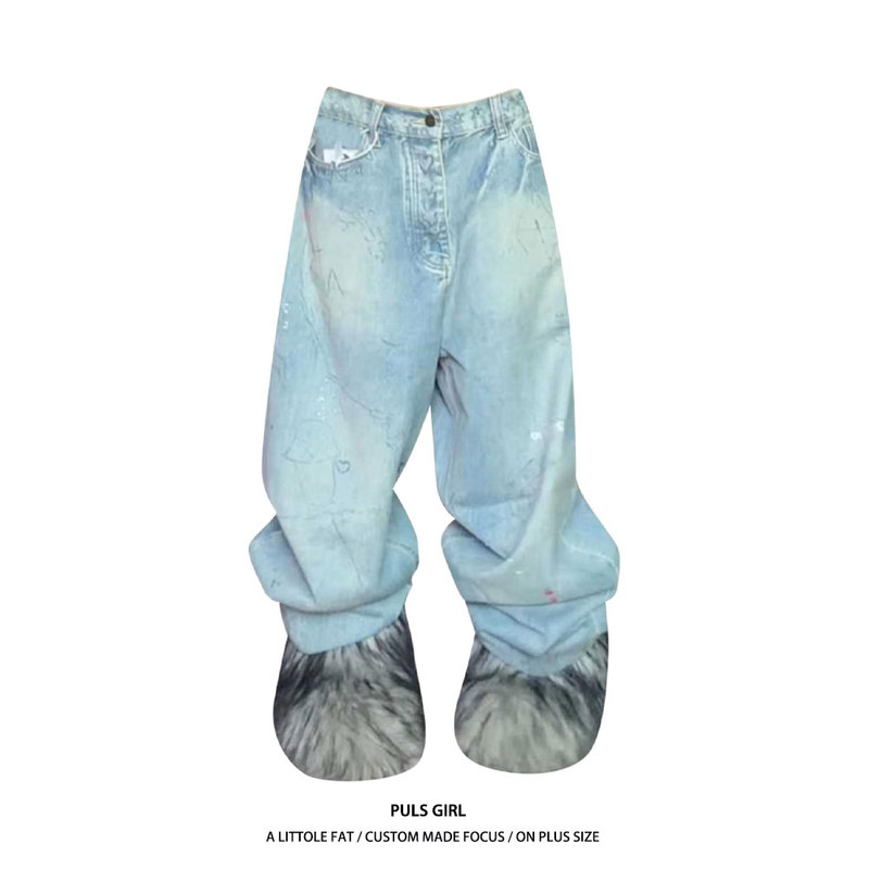 Plus-Size American Retro Washed Color-Painted Wing Print Jeans for Women, 2026 New Style, Loose Drape Wide-Leg Pants Plus-Size American Retro Washed Color-Painted Wing Print Jeans for Women, 2026 New Style, Loose Drape Wide-Leg Pants