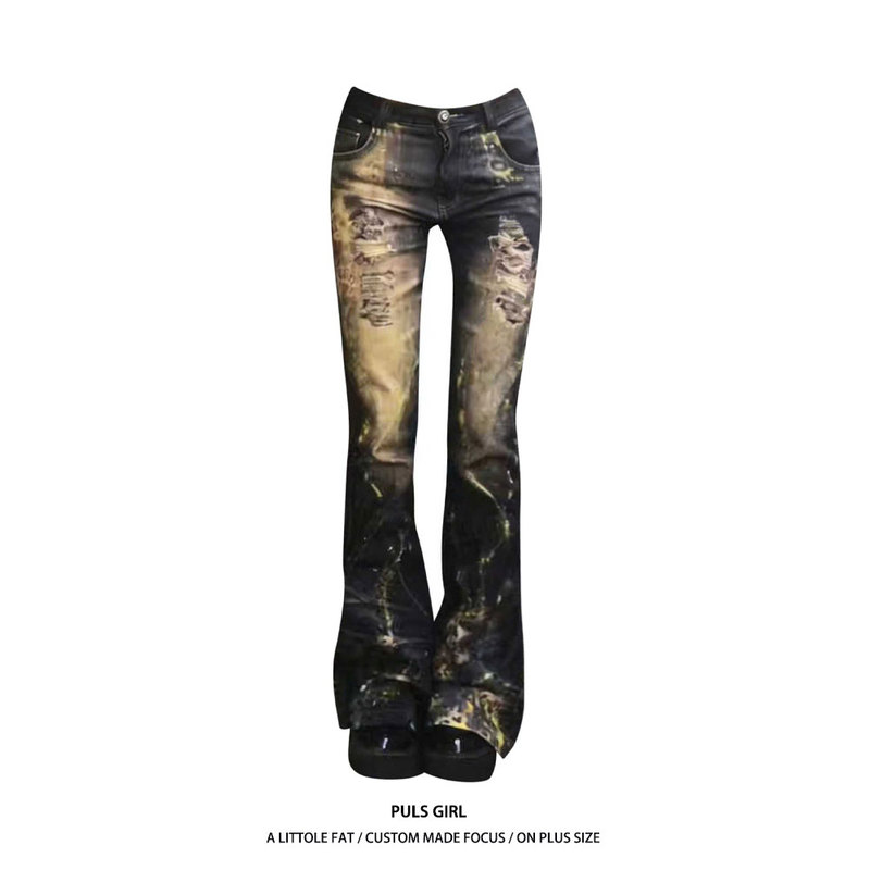 Plus-Size American Retro Washed Leopard Print Gold-Stamped Flared Jeans for Women, 2026 New Style, Slim-Fit Long Pants