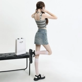 Летняя джинсовая юбка, мини-юбка, А-силуэт, высокая талия, с акцентом на бедрах