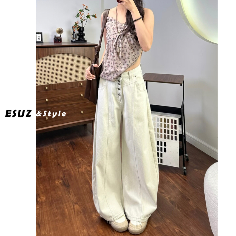 American-Style Patchwork Off-White Curved Jeans for Women, New Summer Model with Multi-Button Design, High-Waisted Loose Wide-Leg Pants