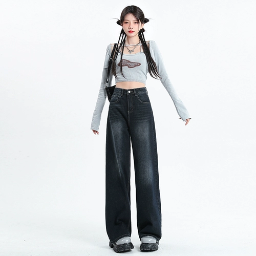 Синие цветные осенние джинсы, штаны, высокая талия, 2025 года, для формы тела «груша», по фигуре, свободный прямой крой