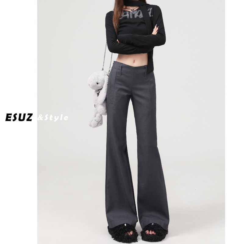 Gray Low-Waist Flared Casual Pants for Women, Summer 2026, Thin Slim-Fit Drapey Suit Pants for Women