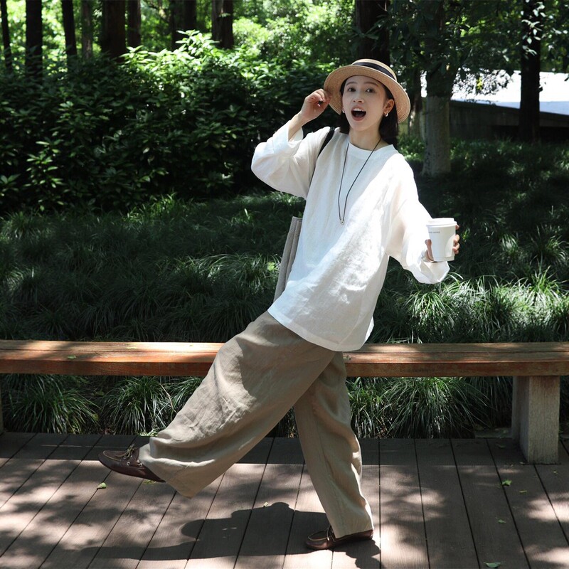 Casual Sportswear Set for Women in Autumn, Loose and Slimming, Simple Cotton and Linen Long-Sleeved Top and Wide-Leg Pants, Casual Two-Piece Set