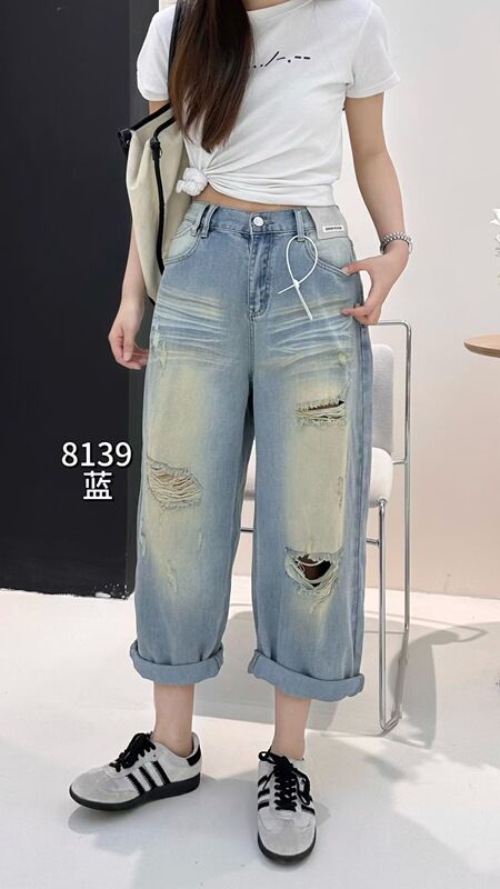 Tang Dynasty 8139 Plus-Size Women's 2026 Spring New Style Extra-Large Versatile Slimming Stretch Denim Wide-Leg Pants