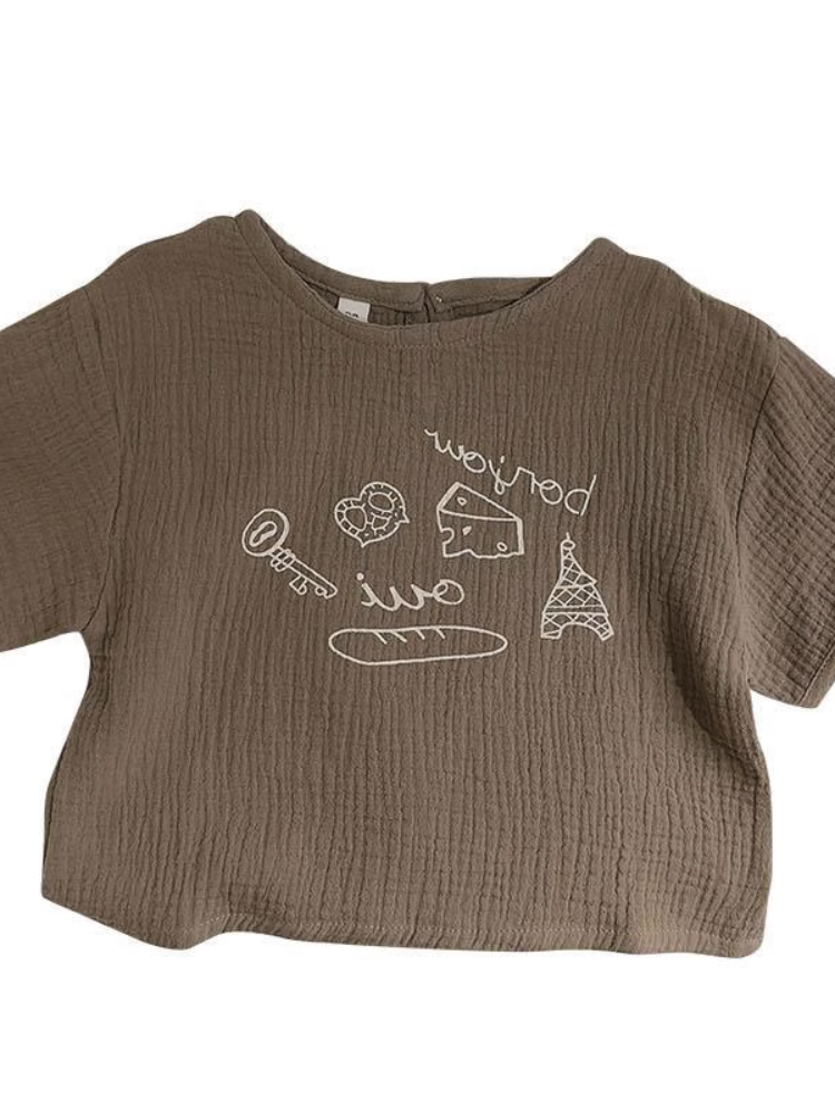 Gauze retro children's short sleeve T-shirt for boys, Korean style