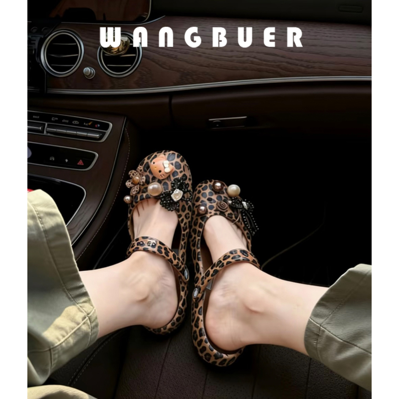 Leopard Print Ballet-Style Perforated Shoes for Women, 2026 Summer New Style, Outdoor Wear, Pearl Decoration, Non-Slip, Beach Toe-Covering Slippers