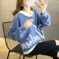 Pregnancy womens clothing spring clothing blouses womens autumn winter 2022 new Korean version loose and fake two printed even cap and clothing womens spring