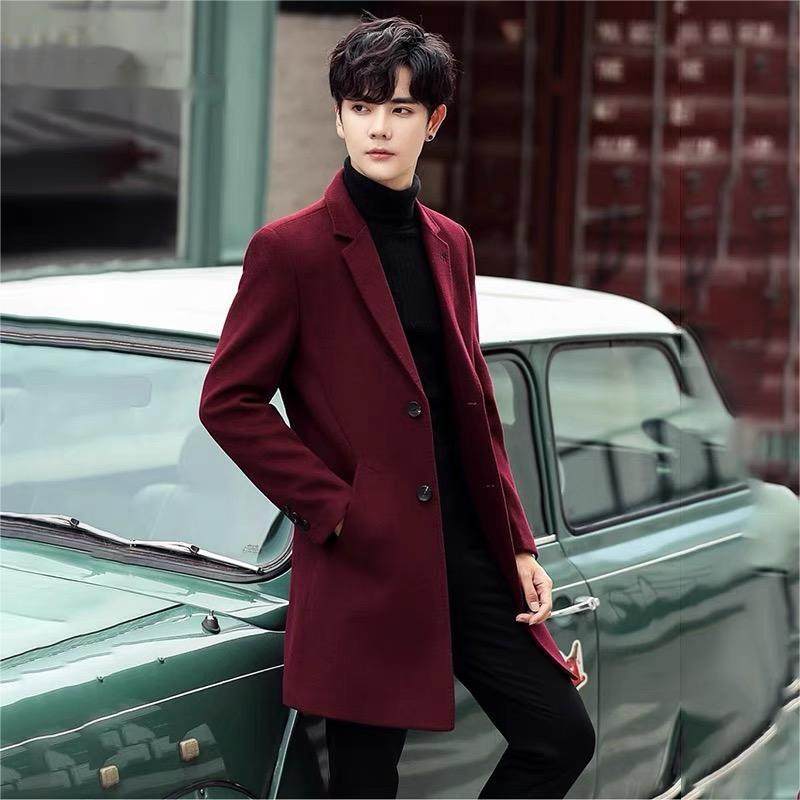 Woolen Coat for Men, Mid-Length, Burgundy, Hairstylist Style, Slim Fit, Handsome, 2026 Autumn and Winter, Padded Woolen Jacket