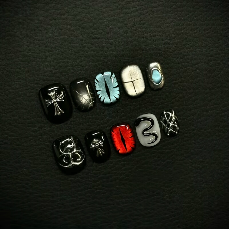 Purely Handmade Blue and Red Devil's Eye Gothic Short Metal Cross Dark High-End Niche Sweet Cool Wearable Nail Art Purely Handmade Blue and Red Devil's Eye Gothic Short Metal Cross Dark High-End Niche Sweet Cool Wearable Nail Art