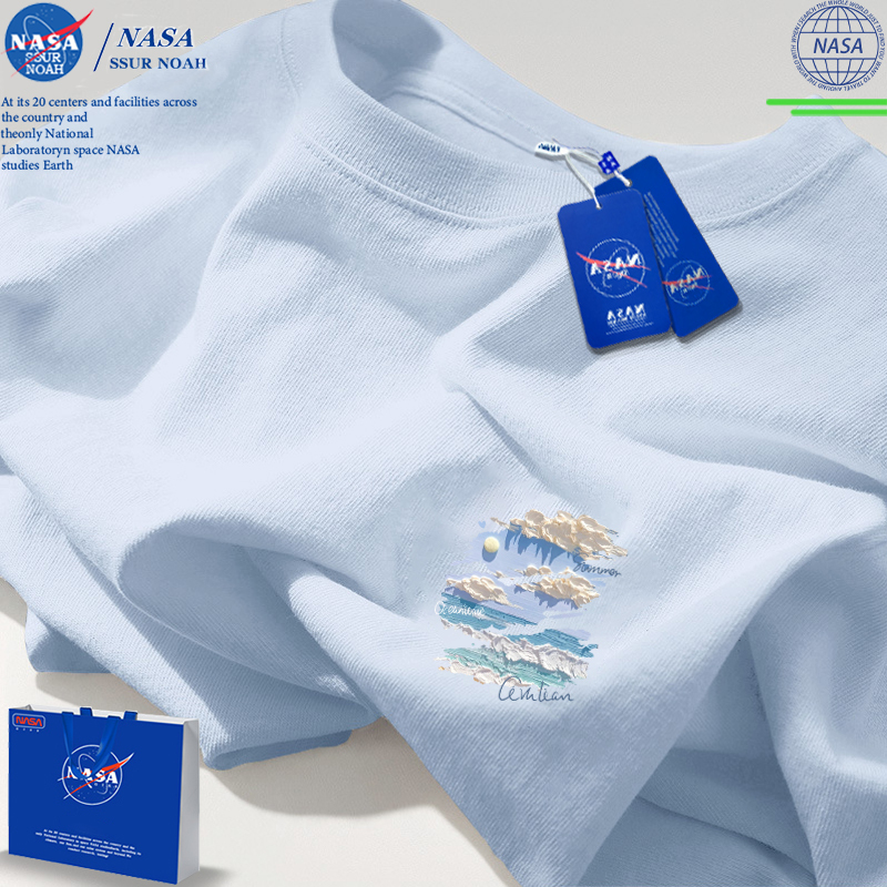 Nasa Short-Sleeved Men's Summer Pure Cotton Light Blue T-Shirt for Boys 2026 New American High Street Oil Painting Couple T-Shirt
