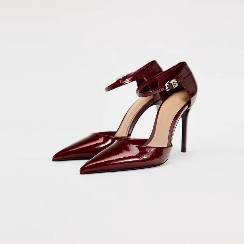 Spanish Summer New Women's Shoes, Burgundy Hollow Pointed Toe Ankle Strap Mules, Stylish Stiletto Heels Spanish Summer New Women's Shoes, Burgundy Hollow Pointed Toe Ankle Strap Mules, Stylish Stiletto Heels
